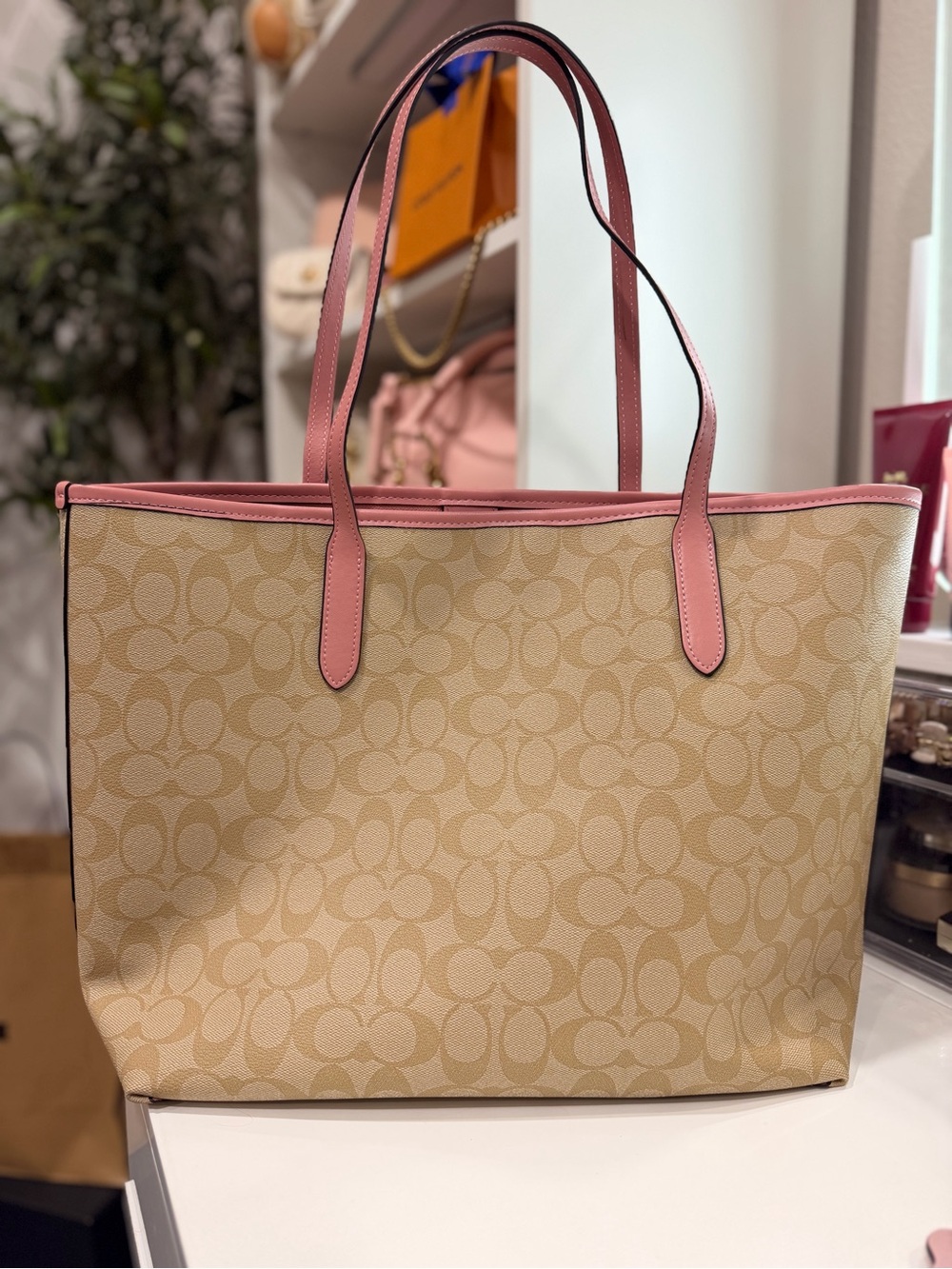 Coach Beige Canvas Tote with Pink Leather Trim - Picture 2 of 8